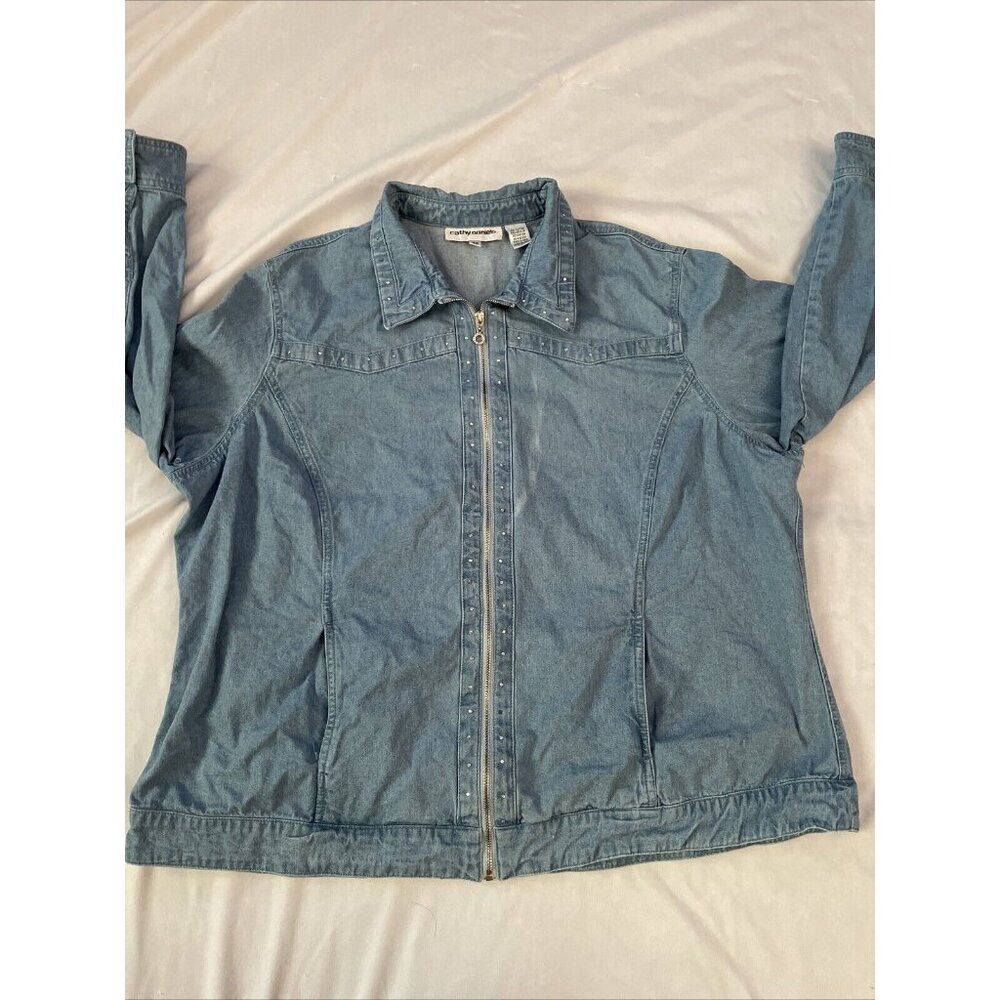Cathy Daniels Womens 2X Denim Jacket With Rhinestone Accents & Full Zip Front Y2